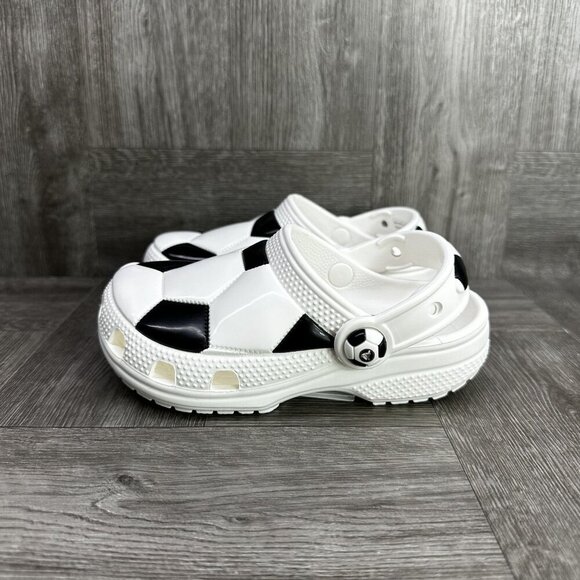 CROCS Classic Kids size 8 White Black Soccer Themed Clogs - Picture 2 of 8